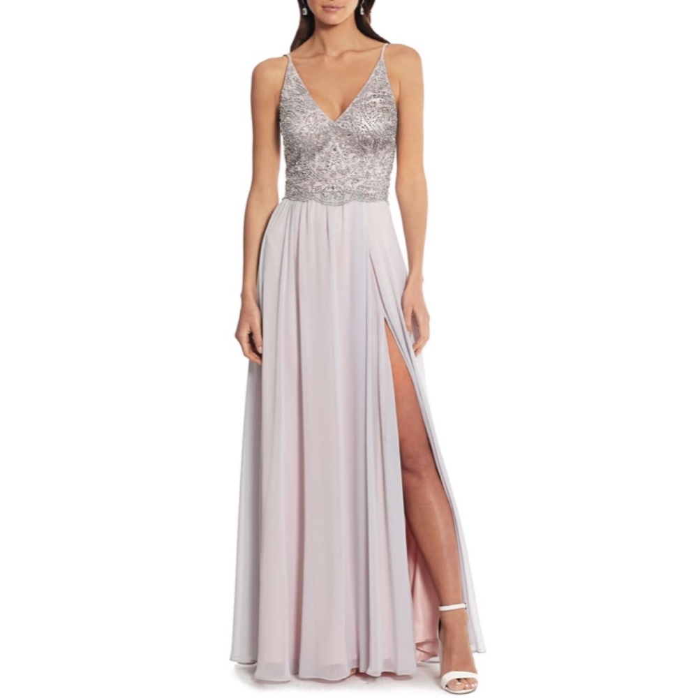 Embellished Bodice V-Neck Chiffon Evening Dress- 4